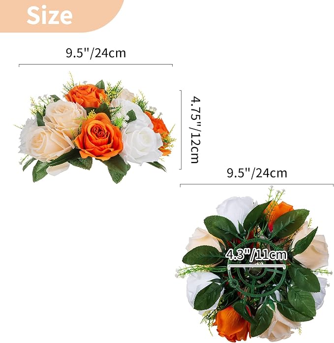 NUPTIO Flower Ball Arrangement Bouquet - 10 Pcs 9.5 inch Diameter Orange Fake Flowers Roses Balls for Centerpieces Tables - Artificial Rose Arrangements for Wedding Centerpiece Table Decorations