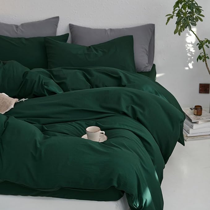 MooMee Queen Duvet Cover Set, 100% Washed Cotton Linen Like Twill Thick Sturdy Material Super Soft Breathable Durable Bedding for All Season, 3 Pieces (Forest Green, Queen 90"x90")