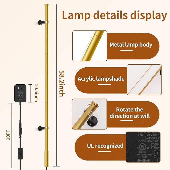 58.2" inch Gold Corner Lamp, Plug in Corner Light with Remote, Minimalist Modern Long Wall Light, Dimmable Living Room Wall Lights, Space-Saving LED CornerLamp for Living Room, 1 Pack