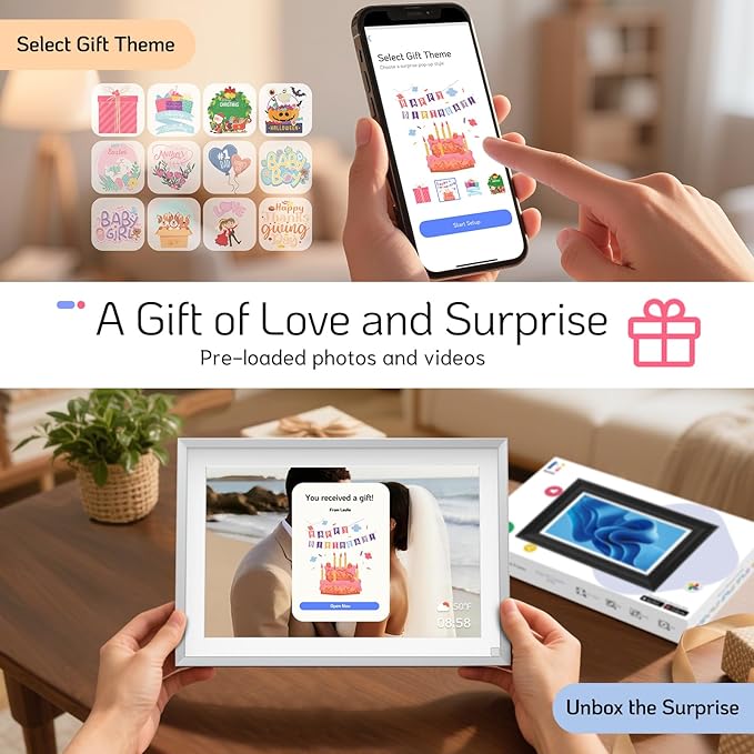NexFoto Touchscreen Digital Picture Frame 10.1 Inch 64GB, WiFi Digital Photo Frame with Unboxing Gift Mode, Add Photos from Google Photos, Easy to Share Photos/Videos, Gifts for Newlywed, Mom, Silver