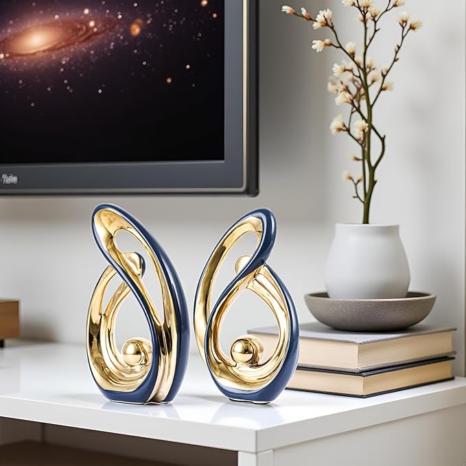 XMGZQ Home Decor Accent,Porcelain Art Mid Century Bookshelf Decorations,Gold Centerpieces for Tables,Abstract Ceramic Statue Sculpture for Coffee Table Mantel Tv Stand Centerpieces (Blue, Small)