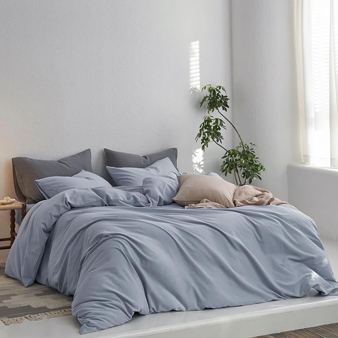 MooMee Twin Duvet Cover Set, 100% Washed Cotton Linen Like Twill Thick Sturdy Material Super Soft Breathable Durable Bedding for All Season, 2 Pieces (Cornflower Blue, Twin 68"x90")