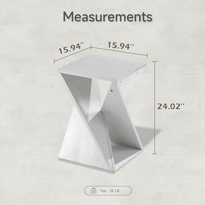 Modern End Table Square Solid Wood Pedestal Side Table Rustic Plant Stand with Twisted Design for Living Room, Bedroom, Office, White