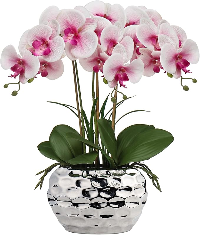 Briful Orchids Artificial Flowers 18" Pink Phalaenopsis Large Orchid Flowers with Silver Ceramic Pots Real Touch Faux Orchid Arrangement for Home Office Bathroom Living Room Table Decoration