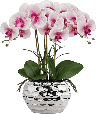 Briful Orchids Artificial Flowers 18" Pink Phalaenopsis Large Orchid Flowers with Silver Ceramic Pots Real Touch Faux Orchid Arrangement for Home Office Bathroom Living Room Table Decoration