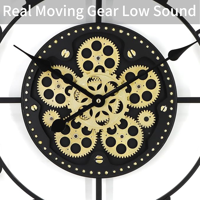 24 Inch Large Wall Clocks for Living Room Decor with Moving Gears,Large Wall Clock Industrial Steampunk,Oversized Metal Analog Wall Clocks for Farmhouse Home Battery Operated
