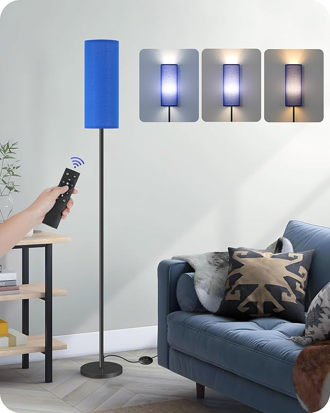 Dimmable Blue Floor Lamp for Living Room with Remote and Foot Switch, Corner Floor Lamp for Bedroom, 66" Standing Tall Lamp, 10W 900LM Bulb Included, 3000K-6500K, Linen Shade, FCC Listed U06LD05W1