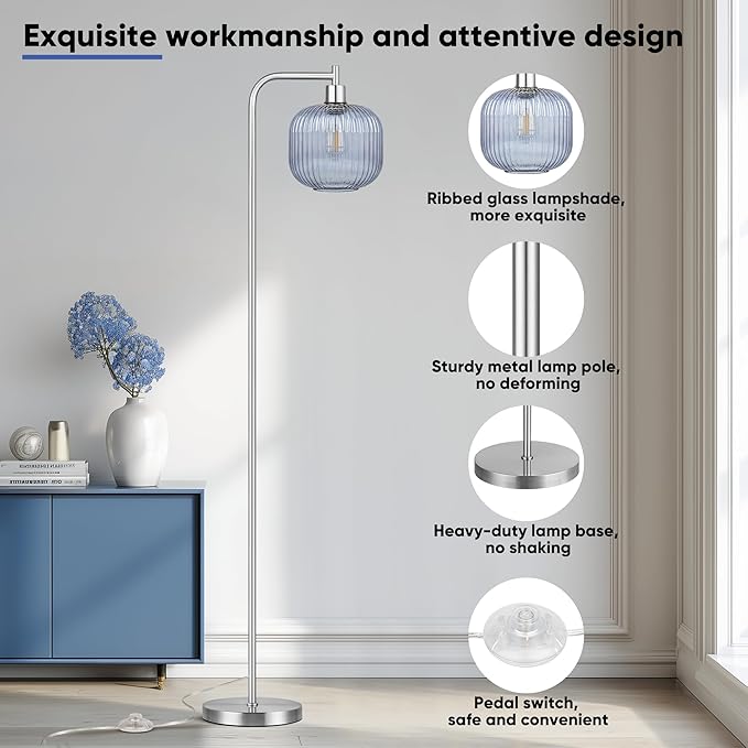 QiMH Glass Floor Lamp for Living Room, 67” Modern Standing Lamp with Blue Ribbed Glass Lampshade Pedal Switch Tall Lamp for Bedroom, Brushed Silver(2700K LED Bulb Included)