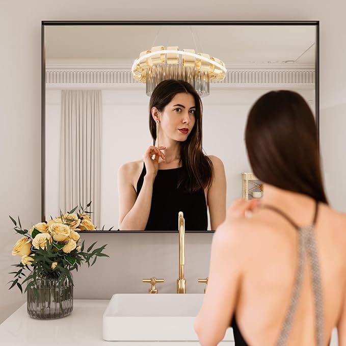 LOAAO Black Bathroom Mirror 30"X36" for Wall, Rectangle Bathroom Vanity Mirror, Tempered Glass, Hangs Vertically or Horizontally, Easy to Install, Modern Design