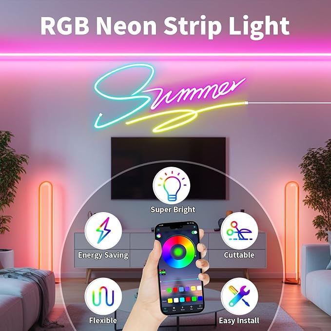 iNextStation RGB Neon LED Strip Lights, 16.4FT 12V Flexible Rope Lights Color Changing Multiple Modes Control with APP & Remote,IP65 Waterproof Neon Lights for Bedroom Decor