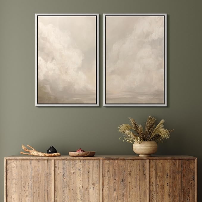 MUDECOR Framed Canvas Print Wall Art Neutral Cloudscape Soft Abstract Sky Illustrations Modern Art Decorative Bohemian Colorful Chic for Living Room, Bedroom, Office - 16"x24"x2 White