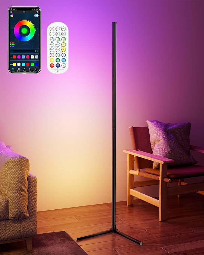 KFM Corner Floor Lamp, 65" Smart RGB LED Corner Lamp with App & Remote Control, 16M Colors,300+ Modes, Music Sync & Timer, Modern Mood Light for Living Room, Gaming Room & Bedroom
