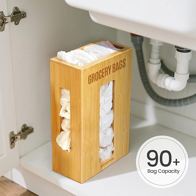 Extra Large Bamboo Grocery Bag Holder & Plastic Bag Organizer, Under Sink Cabinet or Wall Mounted Storage, Space-Saving Dispenser for Kitchen, Pantry, Garage, Laundry Room