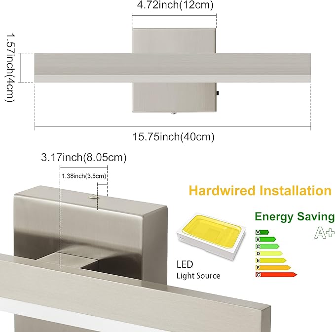 Nickel Bathroom Vanity Light 15.75 inch, 12W Dimmable 5CCT LED Bathroom Light Fixture Over Mirror Restroom-ETL Certificated