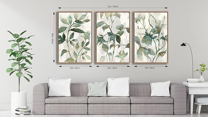 Large Framed Canvas Wall Art - Natural Float Framed Rustic Green Flowers Leaves Pictures Paintings White Grey Artwork Decor for Bedroom Living Room Kitchen Home Office Decoration 72" X 36" Set of 3