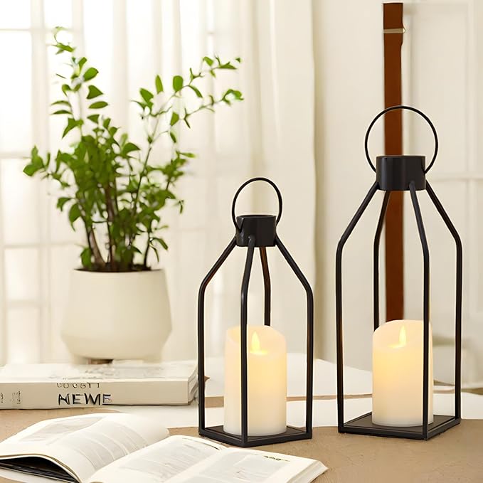 Modern Farmhouse Lantern Decor,16'' 12'' 2 Pcs Metal Candle Lanterns with Flameless Candles Black Decorative Lantern for Front Porch Covered Patio Dining Table Entryway Table Wedding Home Decor