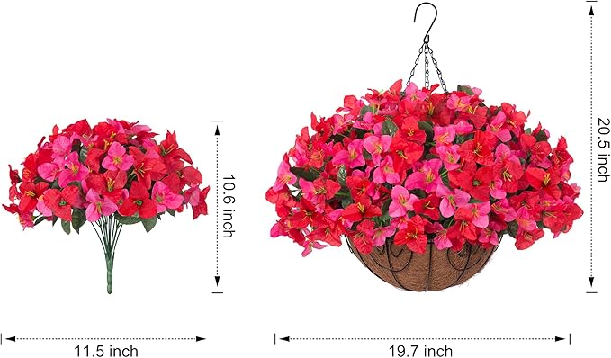 Artificial Fake Hanging Flower Plants Basket for Outdoors Decoration, Faux Silk Bougainvillea Flowers in Planter Look Real UV Resistant Faux Flower for Outside Porch Patio Garden Home Decor