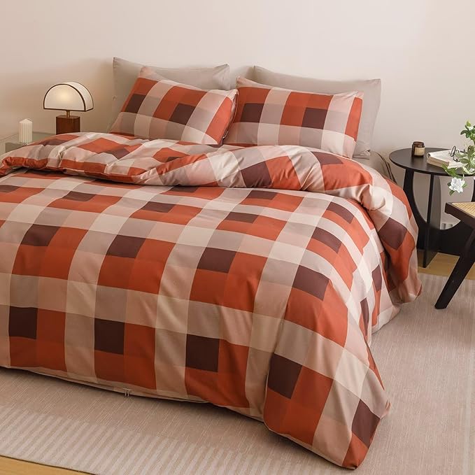 Cottonight Checkered Red Comforter Set King Men Gingham Grid Bedding Set Red and Khaki Grid Comforter Fluffy Soft Blanket Quilts Modern Cottagecore Comforter with 2 Pillowcases for King Bed