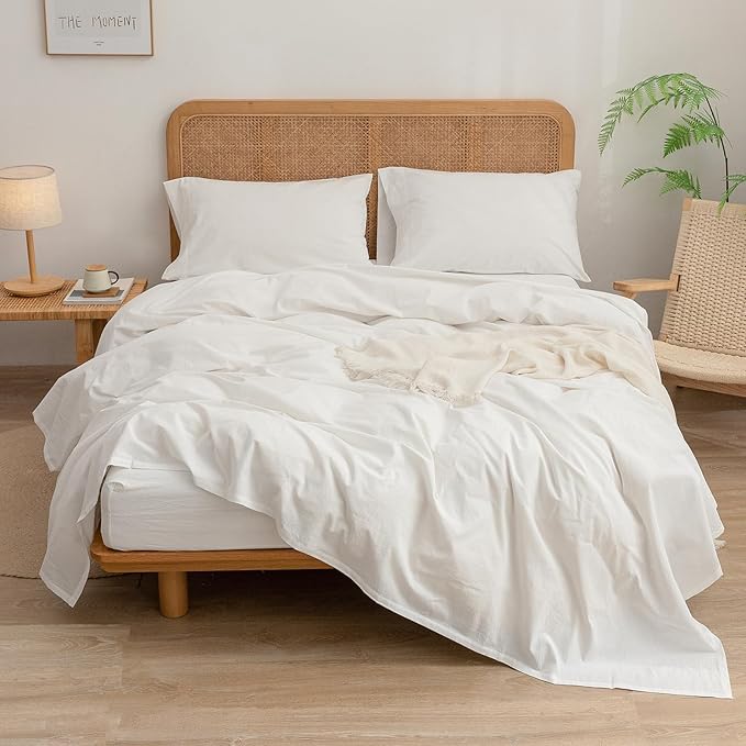 BESTOUCH Sheet Set 100% Washed Cotton Linen Feel Super Soft Comfortable Chic Lightweight 4 Pcs Home Bedding Set Solid Off White Full