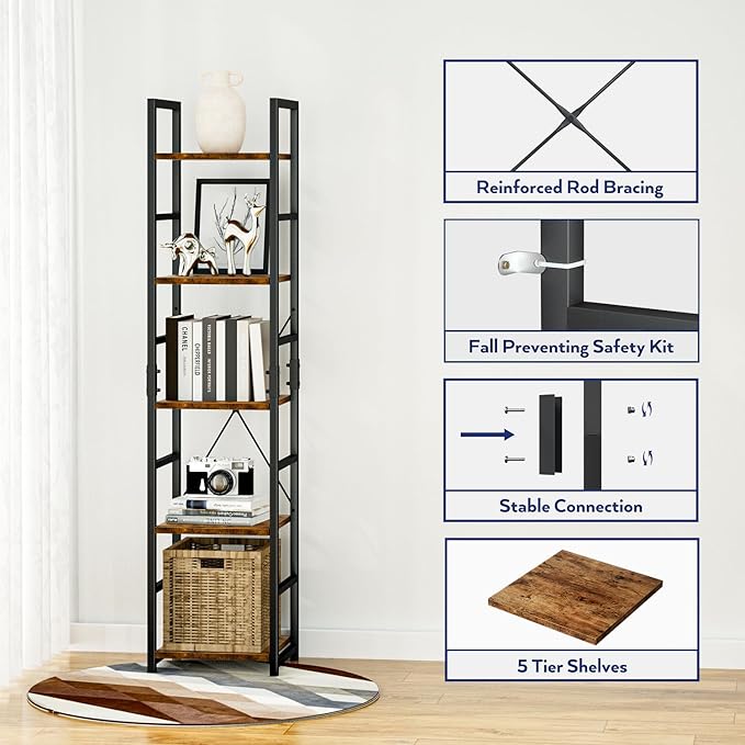 NUMENN 5 Tier Slim Bookshelf, Tall Bookcase Shelf Storage Organizer, Modern Book Shelf for Bedroom, Living Room and Home Office, Vintage