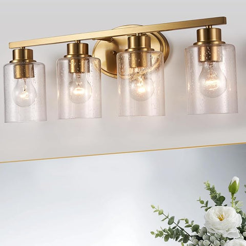 Modern Brushed Gold Bathroom Vanity Light Fixtures Over Mirror, 4 Light Rectangular Wall Mount with Clear Seeded Glass, Anti-Rust, 24.02 x 11.61 x 8.07 inches