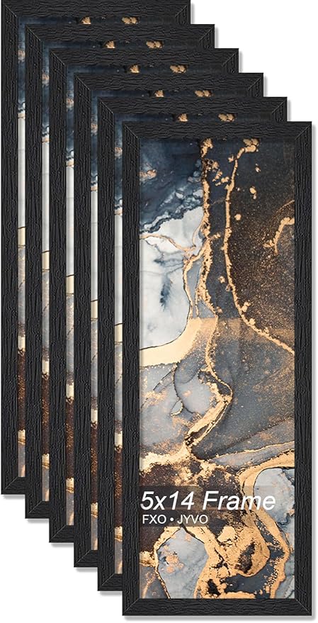 Engineered Wood 5x14 Picture Frame Set of 6, Black Frame for 5 x 14 Inch Picture Poster Photo, Light Weight 5 by 14 Frame with Wood-grain for Wall - 6 Pack/Black/5"x14"