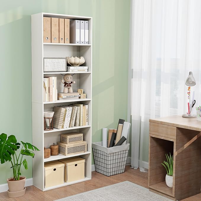 Tangkula 6-Tier Bookcase, 70” Tall Freestanding Bookshelf with 6 Open Shelves, Anti-Toppling Kits, Floor Display Storage Organizer for Living Room, Study, Kitchen, Home & Office (White, 70" H)