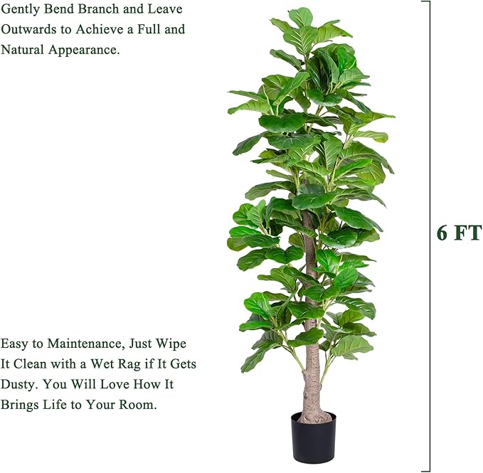 Artificial Fiddle Leaf Fig Tree Indoor, 6FT Tall Faux Tree with Natural Wood Trunk and Lifelike Leaves, Tall Artificial Plants Indoor, Fake Plants for Home, Office, Living Room Decor