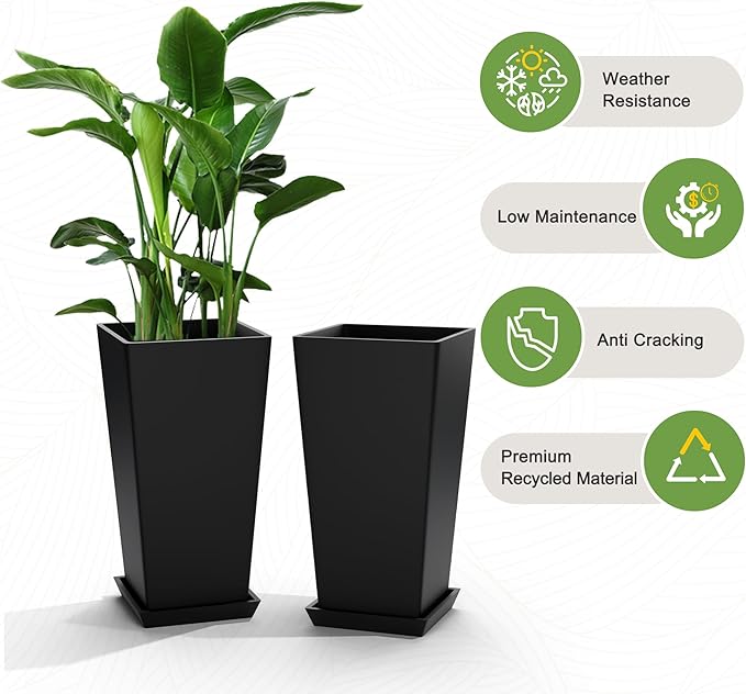 Elevens Set of 2 Tall Outdoor Planters 20 Inch, Large Planters for Indoor Outdoor Plants, Tapered Square Flower Pots with Tray for Patio,Black