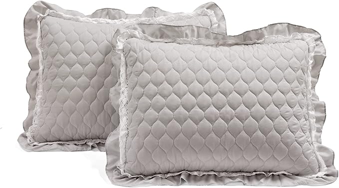 Lush Decor Ella Ruffle Lace Quilt, 3 Piece Set, Full/Queen, Light Gray - Cute Comforter - Queen Bedding Set - Gray Bedding Full Size - Coquette Decor - Ruffle Trim - Lace Trim