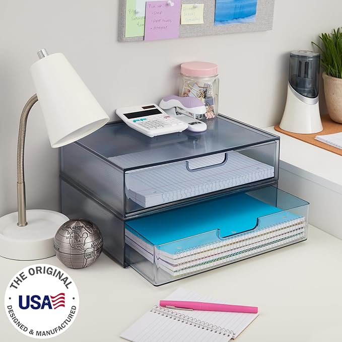 STORi STAX Plastic Stackable Organizer Drawers (Set of 2) Classic Grey | 12.5" Wide | Set Includes Two Open Drawer | Organize Office Desk Accessories & Sort Paper | Made in USA