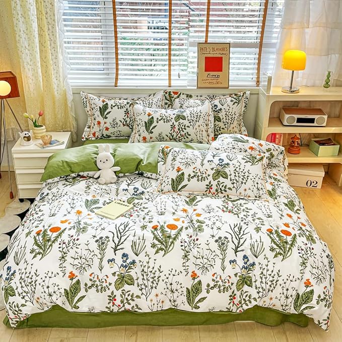 CLOTHKNOW Green White Floral King Size Comforter Set Boho Farmhouse Bedding Comforter Sets Flowers Comforter Botanical Comforter with 2 x Pillow Cases