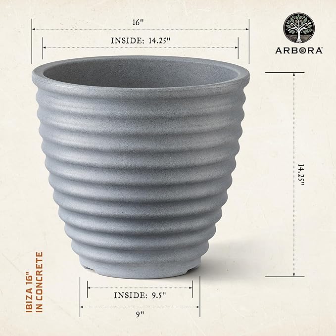 ARBORA 16" Ibiza Polyresin Indoor and Outdoor Planter with Stone Blend Concrete Gray Finish - Durable, Weatherproof, Lightweight, Large Plant Pot for Patio, Garden, Deck, Entryway - 2 Pack