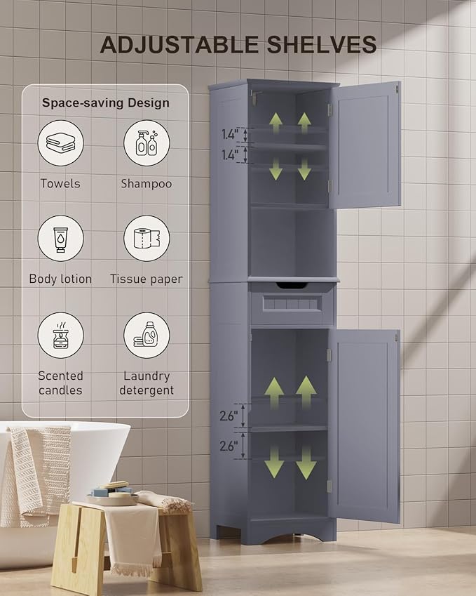 Gizoon 67" H Tall Bathroom Cabinet, Storage Cabinet with 2 Doors & Drawer, Narrow Linen Tower Freestanding Adjustable Shelves for Home, Kitchen, Versatile, Anti-Tipping, Grey