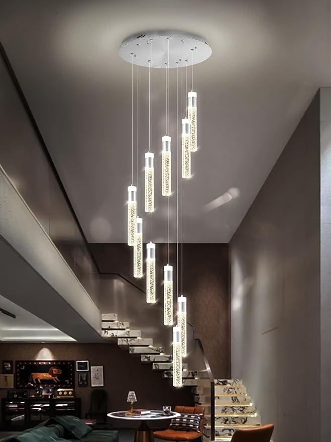 Crystal Bubble Column Chandeliers 110in Long Spiral Crystal Chandelier for High Ceiling Modern LED Foyer Ceiling Chandelier Dimmable 3000-6000K 10-Lights Silver