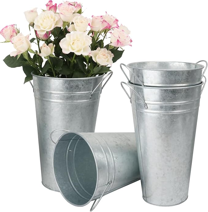 4 Packs 11.8 Inch Tall Galvanized Metal Vases With Handles - Rustic Tall Buckets for Cut Flowers, Country Wedding, Table Centerpiece Decorations - Vintage Style Containers