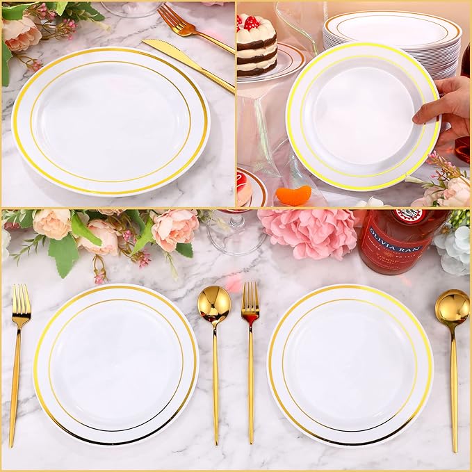 200 Pieces Disposable Plates Plastic Party Plates with Rim Hard Plastic Appetizer Salad Dessert 7.5 Inch Elegant Heavy Duty Tableware for Dinner Wedding Party Supplies(Gold Rim)