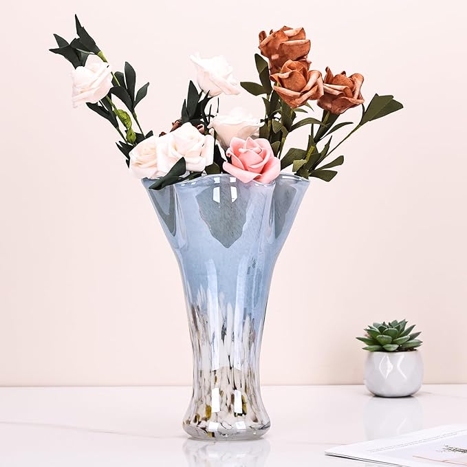 9.0"H Blue Glass Vases for Flowers, Unique Hand Blown Glass Vase Blue White Home Decor, Wide Mouth Colorful Flower Vase Centerpieces, For Living Room Table Bookshelf, Bathroom Office Shelf Decorative