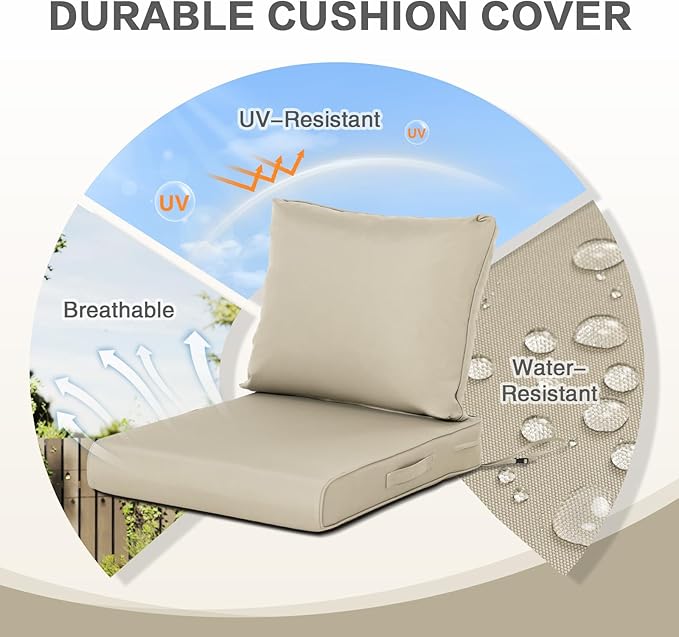 BPS 25x25 Inch Deep Seat Outdoor Cushions Set of 2, Khaki Fade-Resistant and Water-Resistant Patio Chair Cushions for Wicker Chairs, Sofas, Love Seats