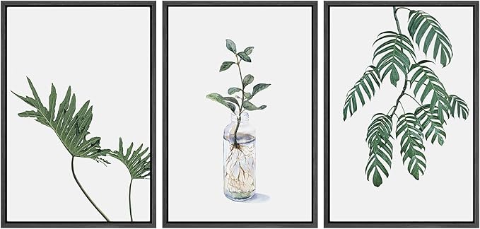 SIGNWIN Framed Wall Art Print Set Trio of Jungle Palms & Snake Succulents Floral Plants Photography Modern Art Minimalist Black and White for Living Room, Bedroom, Office - 24"x36"x3 Black