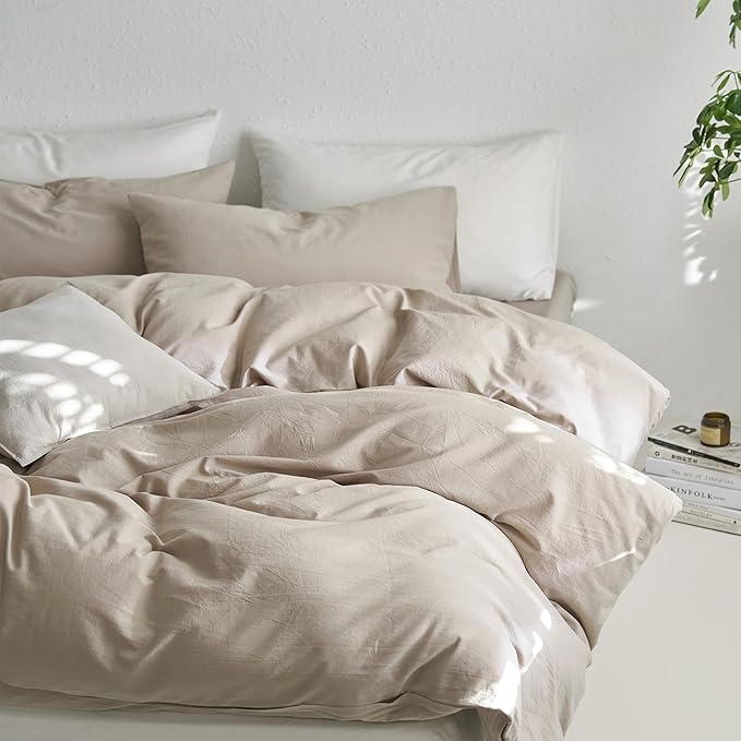 MooMee Twin Duvet Cover Set, 100% Washed Cotton Linen Like Twill Thick Sturdy Material Super Soft Breathable Durable Bedding for All Season, 2 Pieces (Tannish Linen LikeGrey, Twin 68"x90")