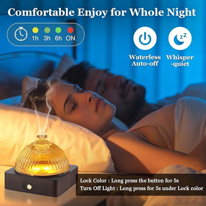 Glass Essential Oil Diffuser with Glass Reservoir & Wood Base, 200ml Ultrasonic Lock Color Timer Auto-Off 7 Color Light Aroma Glass Dome Diffuser for Home Office Bedroom Yoga - Dark Brown
