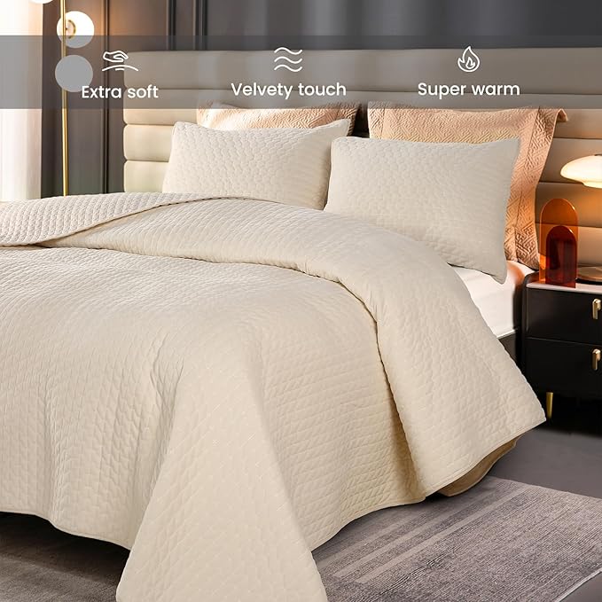 Reversible Velvet Quilt Queen Size, Luxurious Quilted Bedspread Bedding Set, Lightweight Coverlet with Brushed Back, Ultra Soft Cozy Warm for All Season, Cross Stitch Striped, Cream