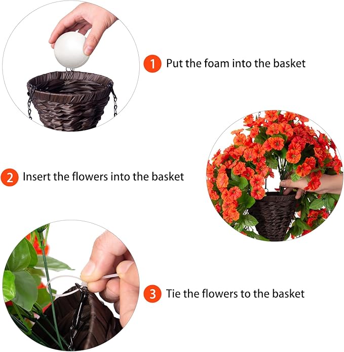 Artificial Fake Fall Hanging Flowers Plants with Basket for Outdoor Decor, Faux Silk Realistic Morning Glory Floral Arrangement Planter UV Resistant for Outside Porch Patio Balcony Garden (Orange)