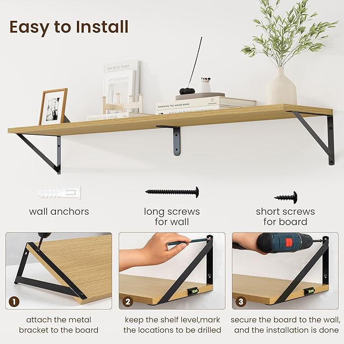 Fun Memories Deep Floating Shelves for Wall, 48W x 8D Wall Mounted Shelves Set of 2, Wide Display Ledge Shelf with Sturdy Metal Brackets for Living Room, Bathroom, Bedroom and Kitchen, Oak