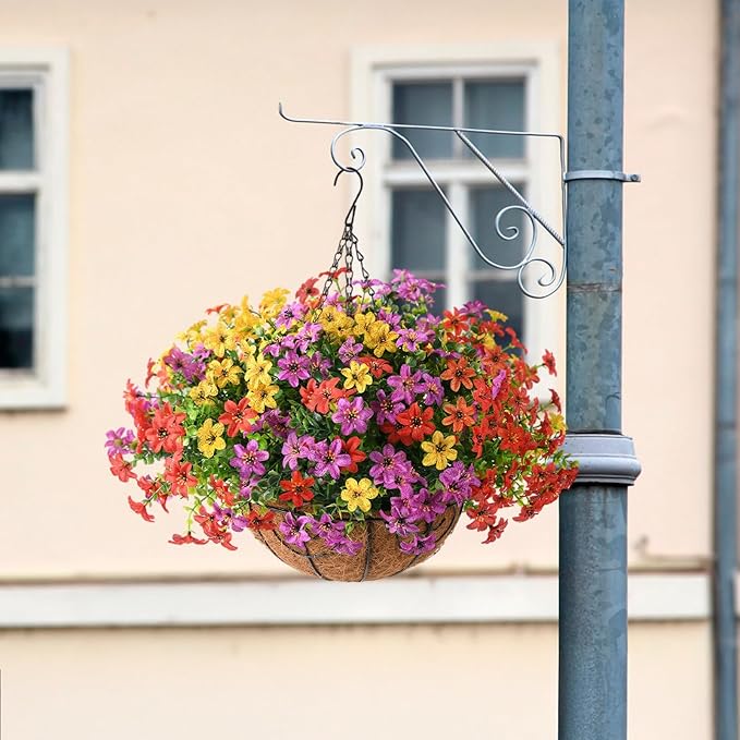 INQCMY Artificial Fake Hanging Plants Flowers Basket for Summer Outdoor Decoration, Faux Silk UV Resistant Colorful Daisy Eucalyptus for Outside Garden Porch Home Patio Balcony Yard