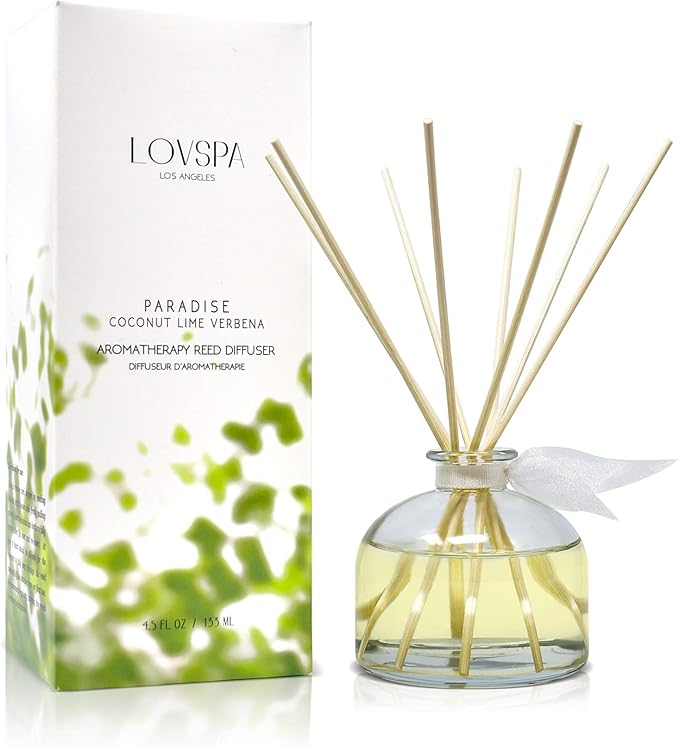 LOVSPA Reed Diffuser Set, Paradise Coconut Lime Verbena Scented Oil Diffuser with Sticks, Home Fragrance Accessories for Bathroom Shelf Decor, Aroma Diffusers for Home or Office Desk, USA Made