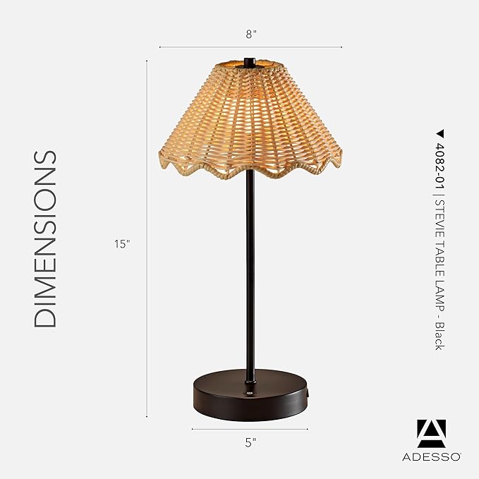 Adesso Cordless Table Lamp with 3-Level Touch Dimmer & Built-in Rechargeable Battery – 15" Tall Touch Lamp, Black Finish
