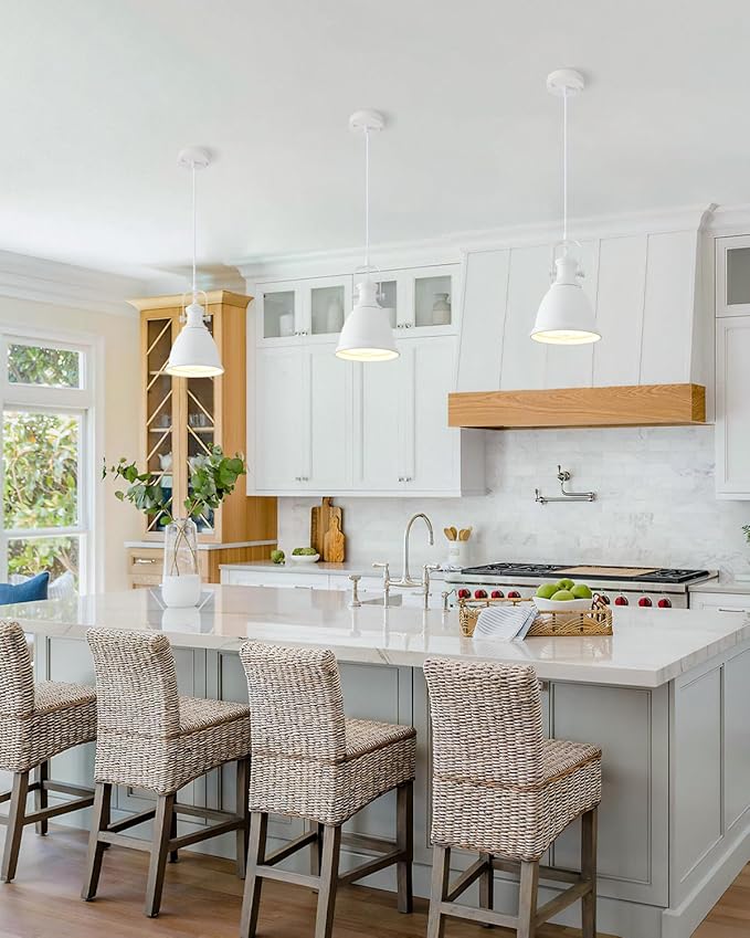 White Pendant Lights Kitchen Island 3 Pack, Vintage Pendant Light, 6.5’’ Farmhouse Pendant Light Fixtures, Adjustable Height, Pendant Lighting for Dining Room, Living Room, Sink, Bar
