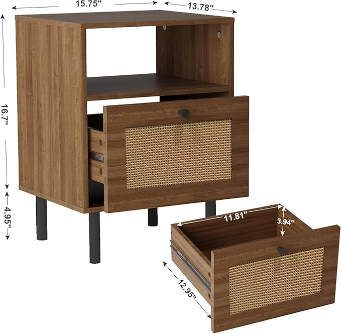 Rattan Nightstand with Storage Boho Modern Farmhouse Bedside Table with Drawer & Open Shelf Light Wood End Table for Bedroom, Living Room, Office, Dorm - Natural Walnut 0ak Color